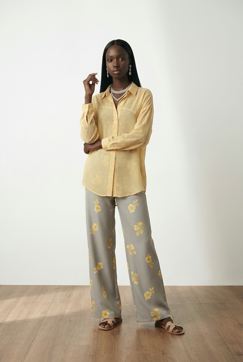 Εμπριμέ παντελόνα με λάστιχο και μακρύ πουκάμισο πουά New Age