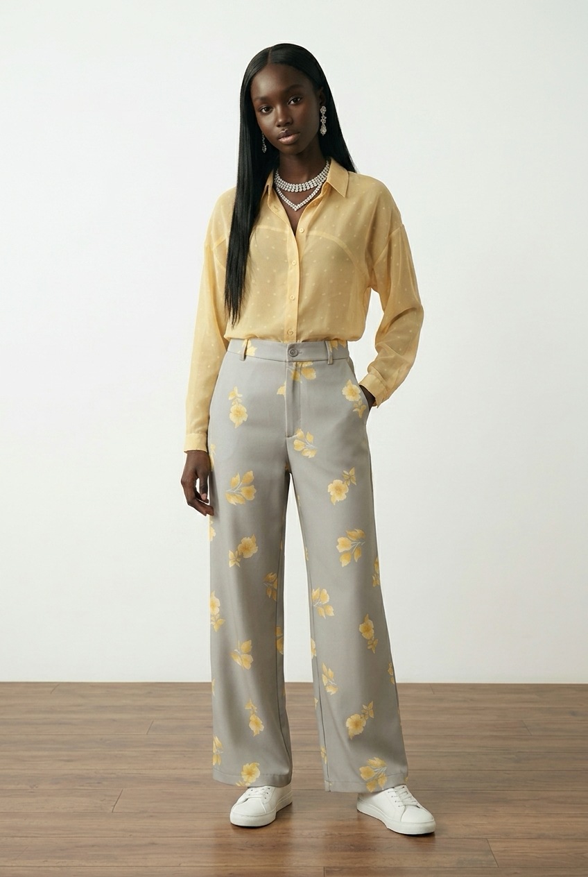 Εμπριμέ παντελόνα με λάστιχο και μακρύ πουκάμισο πουά New Age