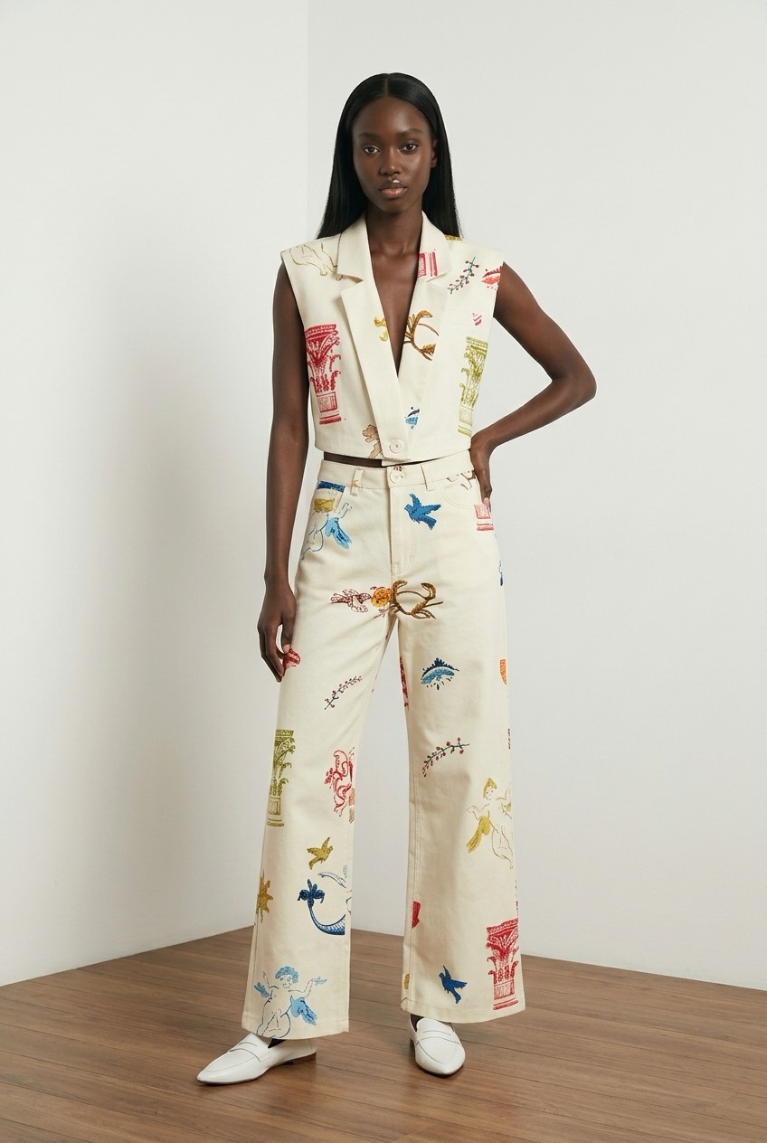 Εμπριμέ σετ με παντελόνι και γιλέκο New Age