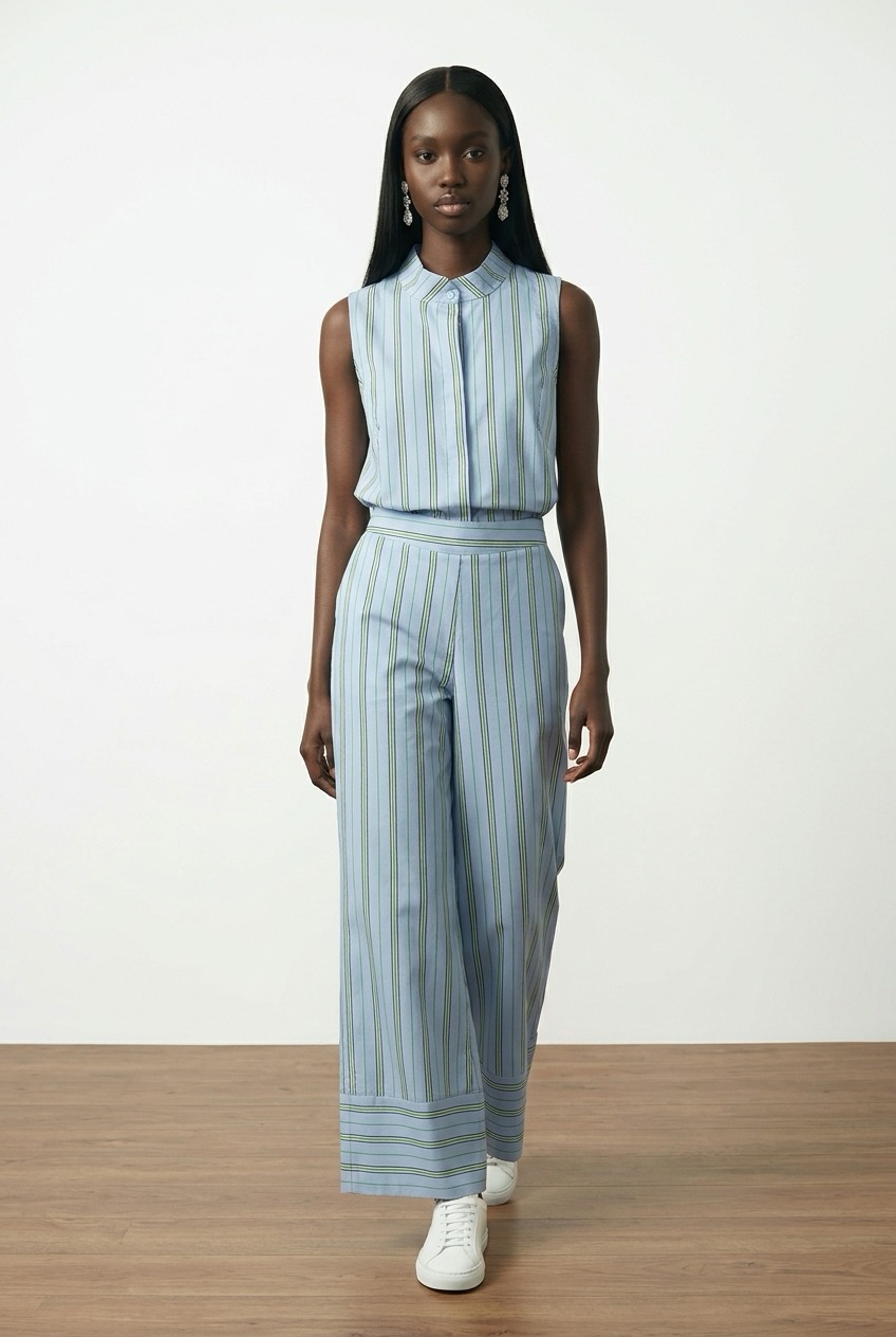 Ριγέ σετ με παντελόνα cropped και αμάνικο πουκάμισο New Age