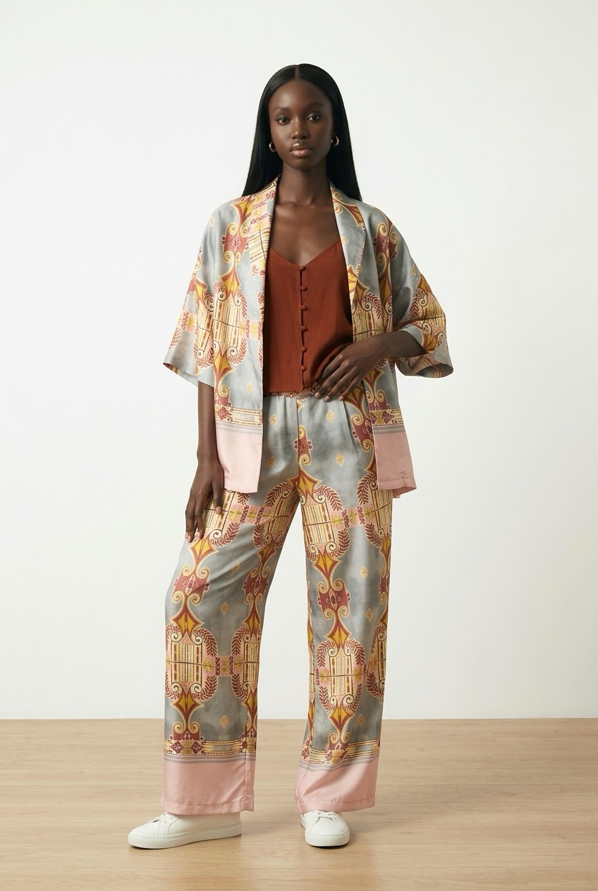 Σατέν εμπριμέ σετ με παντελόνα και κιμονό New Age