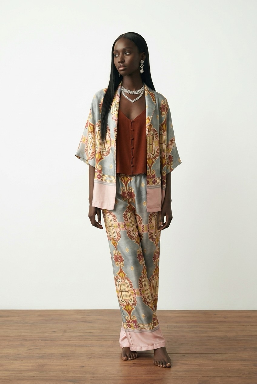 Σατέν εμπριμέ σετ με παντελόνα και κιμονό New Age