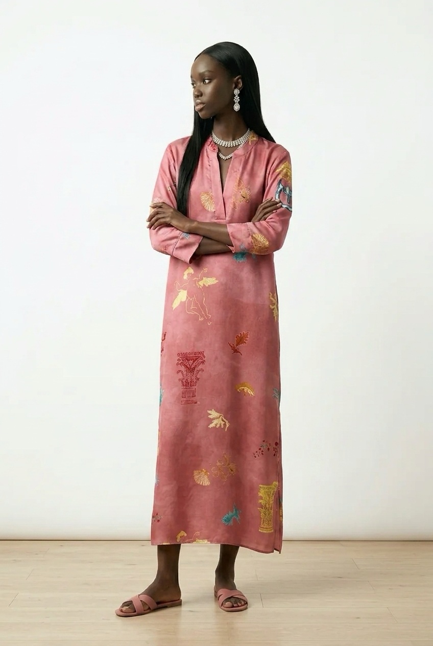 Σατέν εμπριμέ φόρεμα-καφτάνι New Age